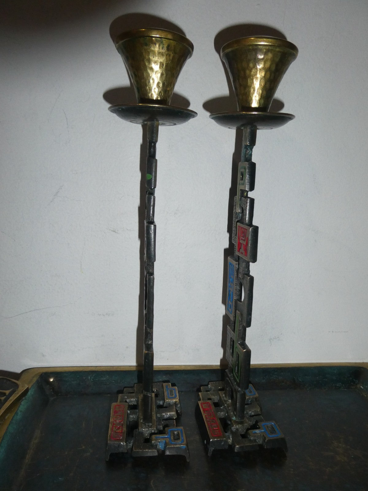 Vintage Made in Israel Brass Shabbat Candlesticks & Tray Set