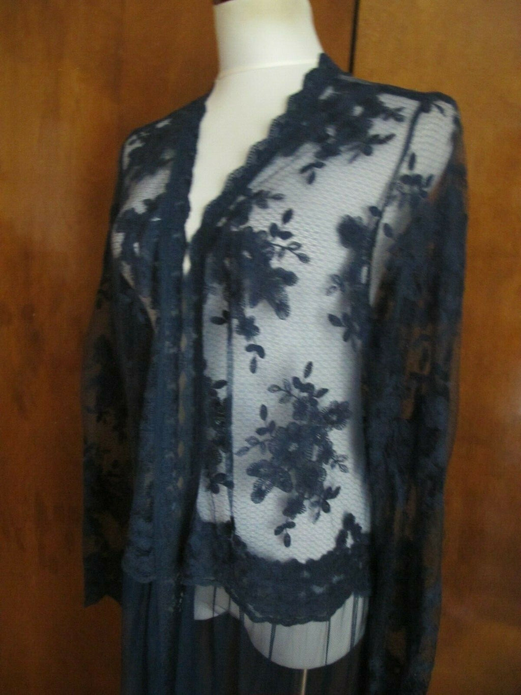 Indigo Thread Co. Women's Navy Mesh Long Sleeve Embroidered Duster Cardigan 1X