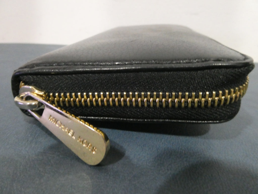 MICHAEL KORS Zip Around Wallet Black Gold Logo Plate Designer Large
