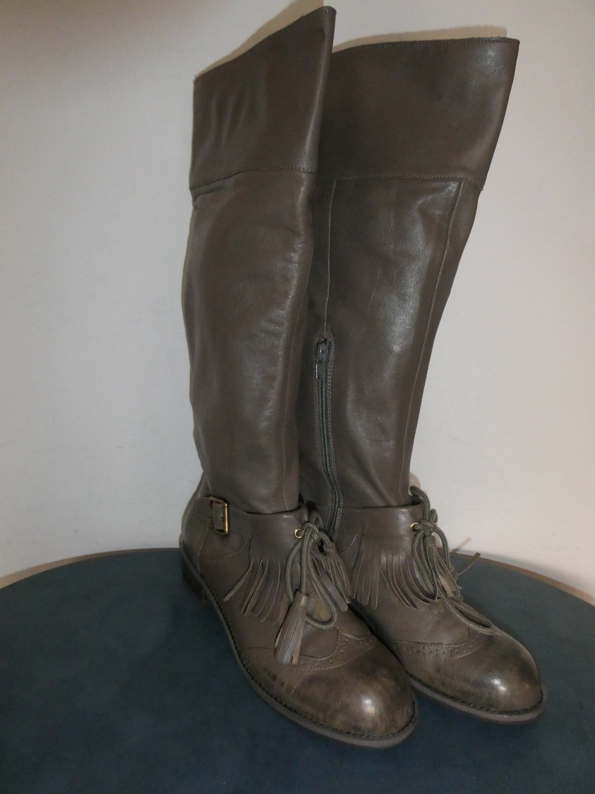 Lucky Penny Tall Fringe Boots Women’s 7.5B Gray Taupe Leather Knee High Boho