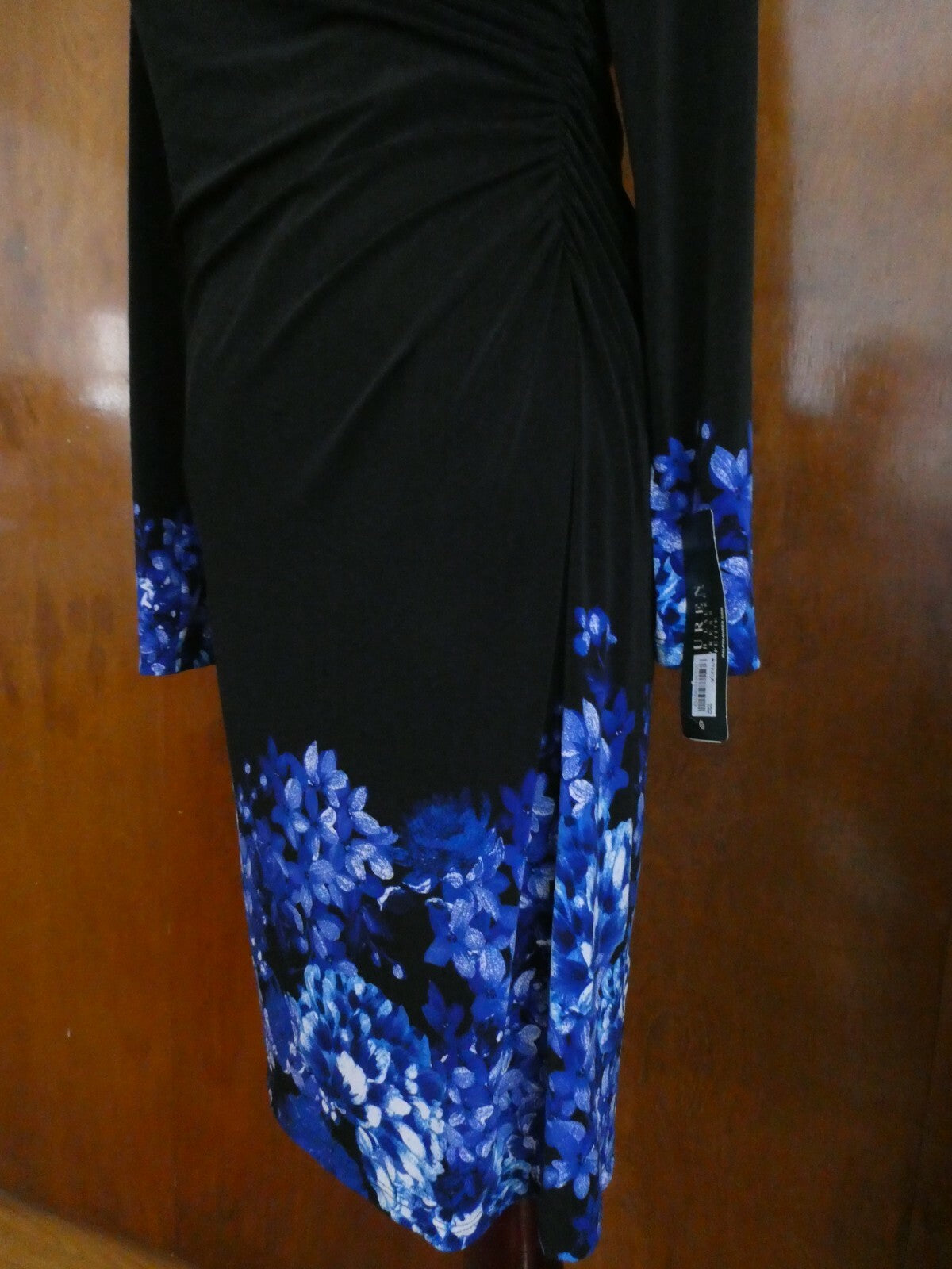 Ralph Lauren women black/blue floral lined stylish gathered long sleeve dress  