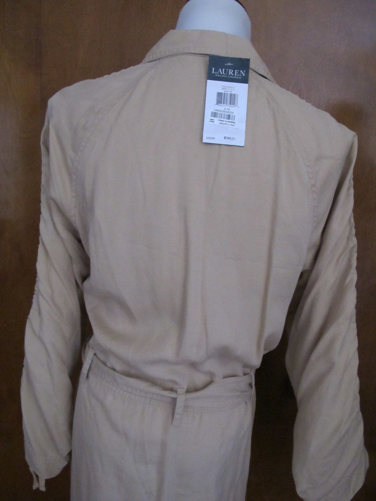Lauren Ralph women beige ruched sleeve button down shirt dress New