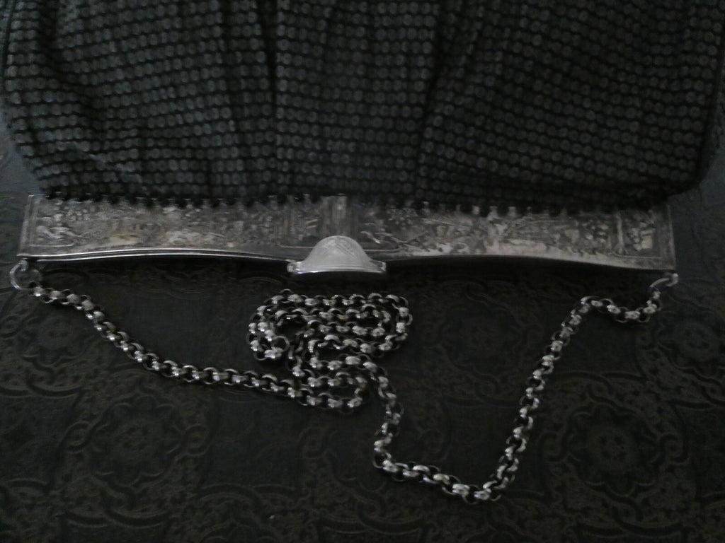 Grace Ann Agostino Vintage Womens Black Woven Leather Bag Purse Silver Tone Deco