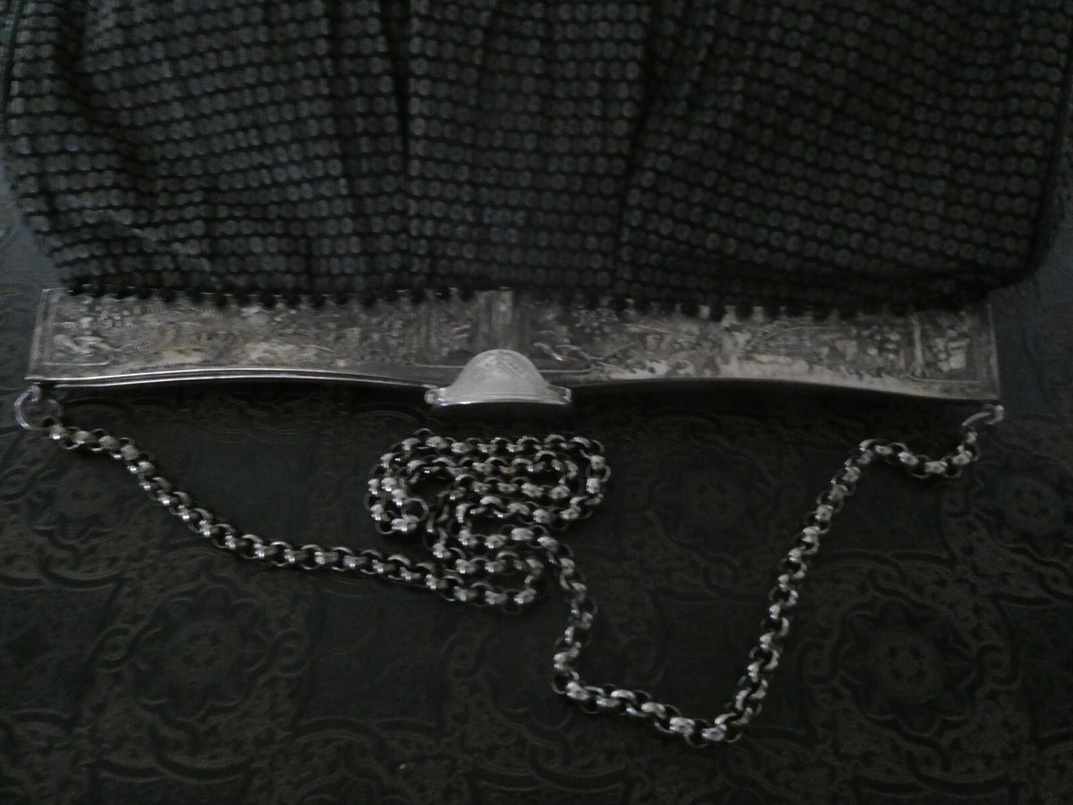 Grace Ann Agostino Vintage Womens Black Woven Leather Bag Purse Silver Tone Deco