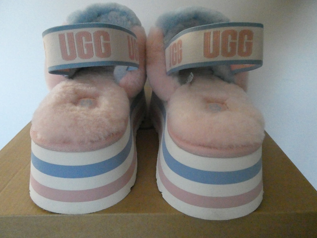 UGG WOMEN’S PINK/BLUE DISCO PASTEL STRIPE COMBO FLUFF SLIDE SANDALS US SIZE 8