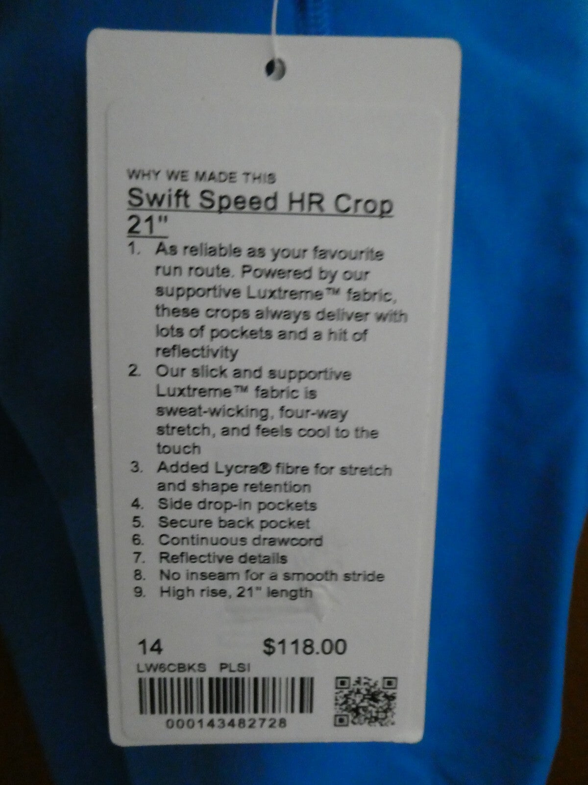 Lululemon Women's Blue Swift Speed HR Crop 21” Run Leggings Size 14, 18