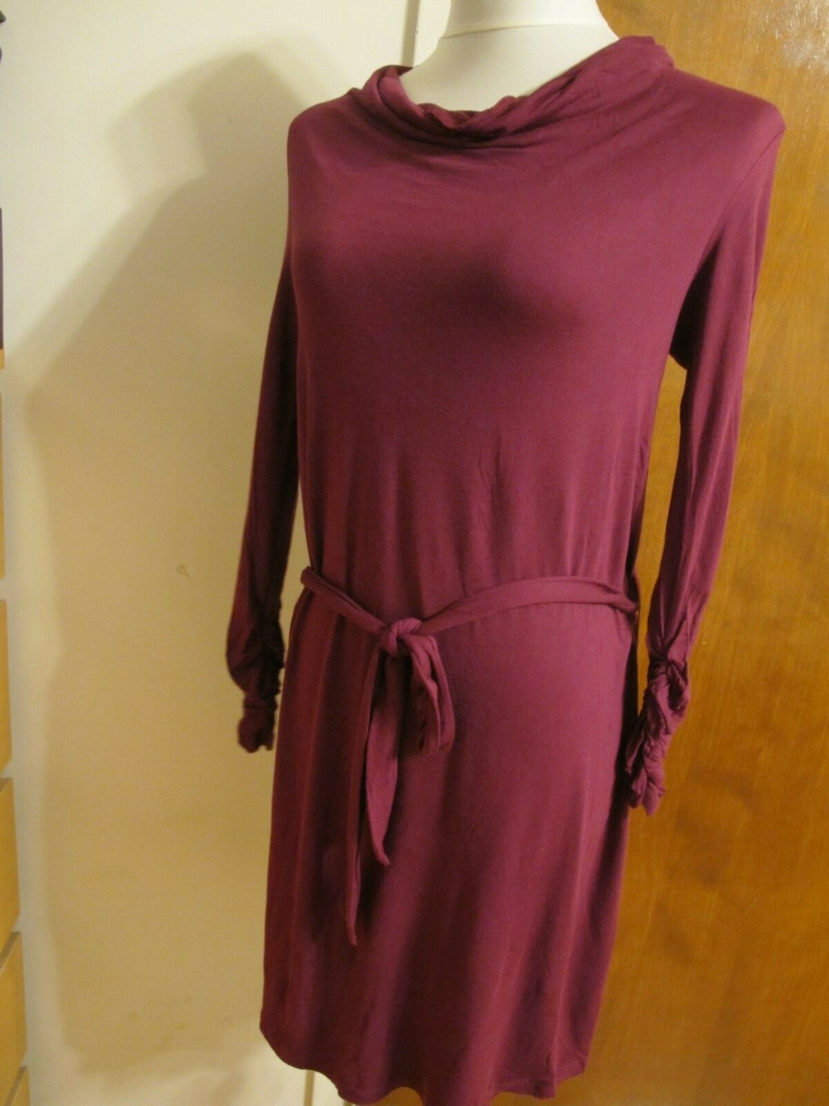 Gap Women's Burgundy Rayon Belted Long Gathered Sleeves Dress XS
