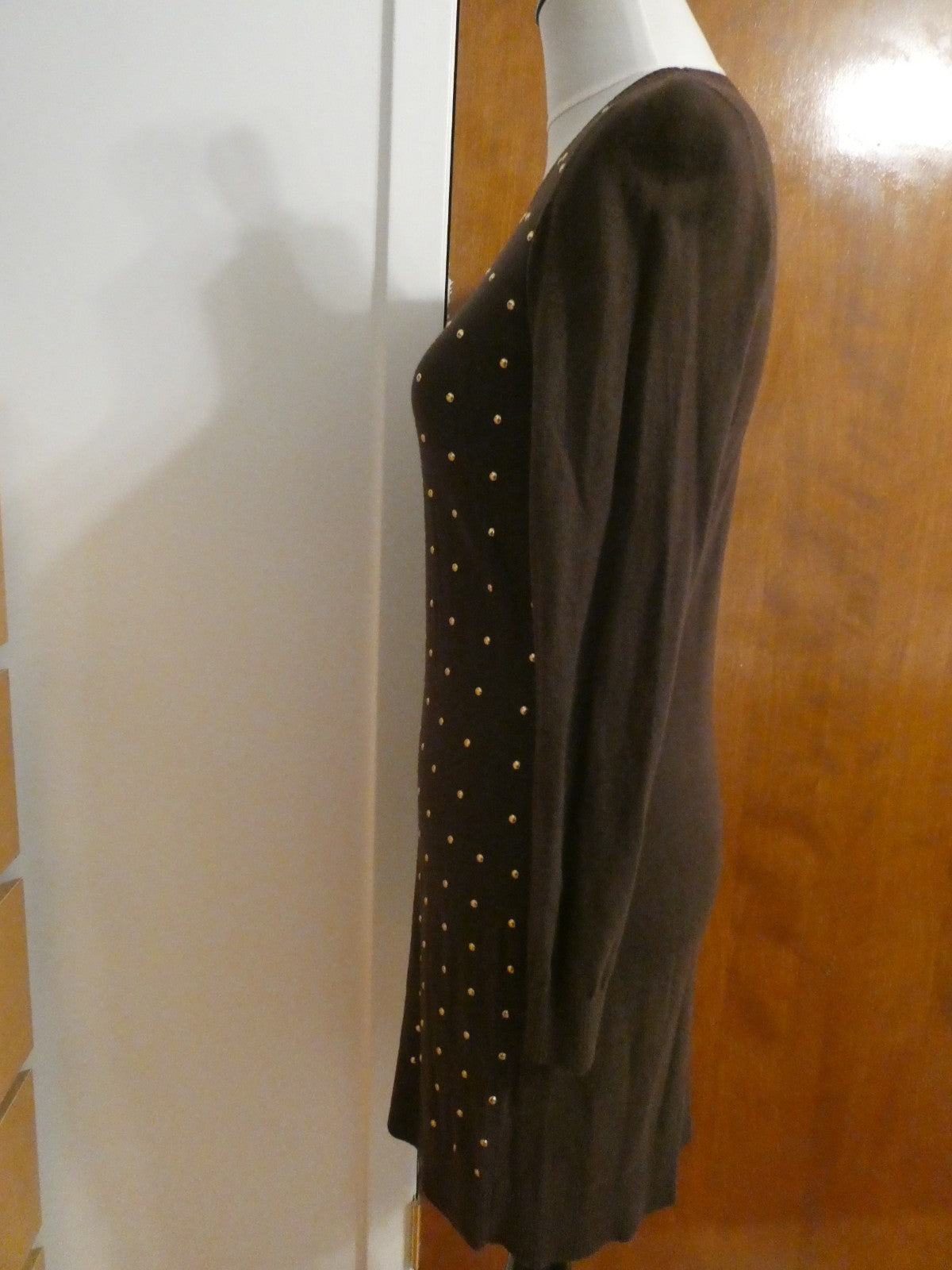 Michael Kors Studded Sweater Dress Size 2 Brown Gold Studded Long Sleeve Bodycon