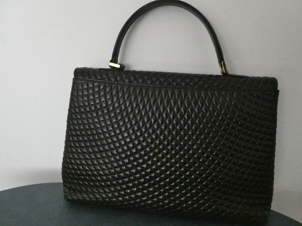 Vintage Bally Women's Black Quilted Leather Top Handle Handbag Gold Tone Italy