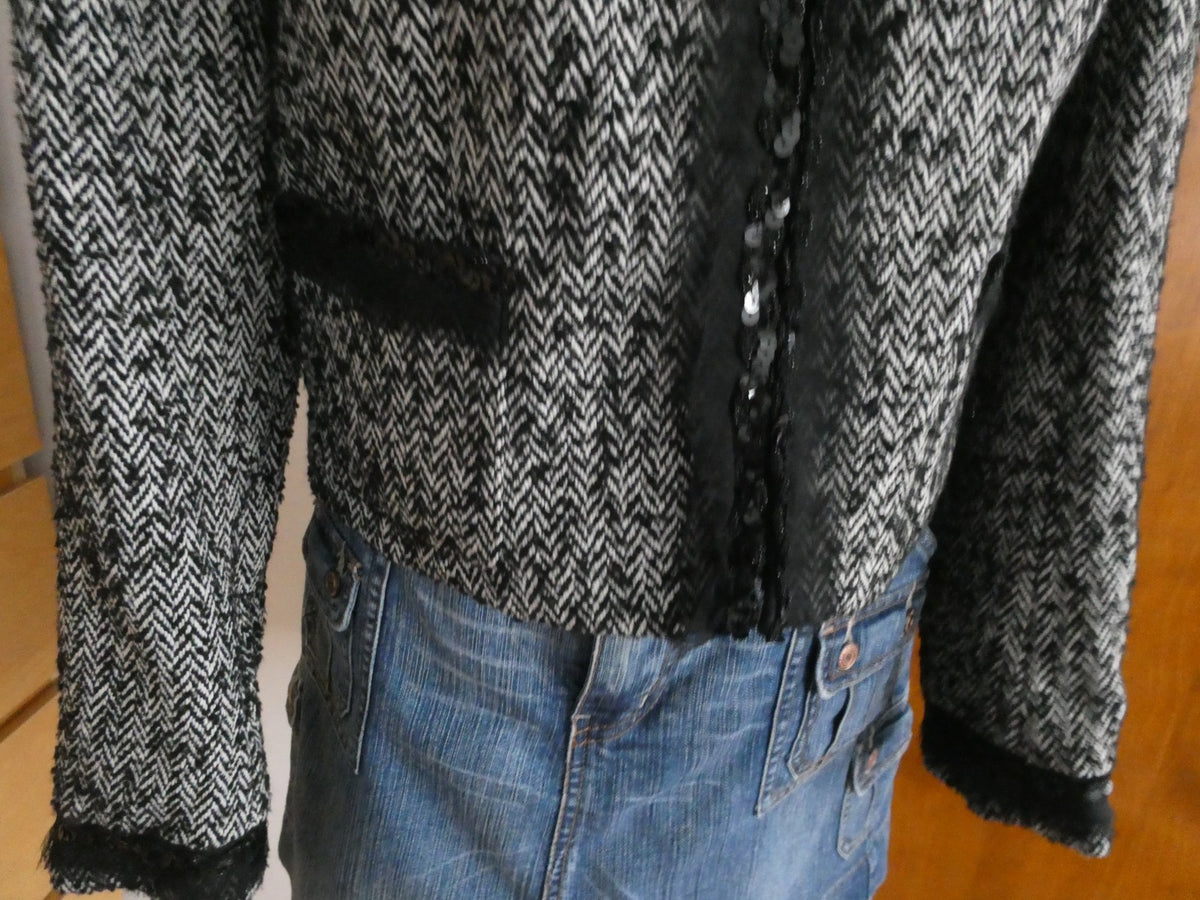 Sinequanone Women Black White Tweed & Sequin Wool Blend Lined Blazer Size Large