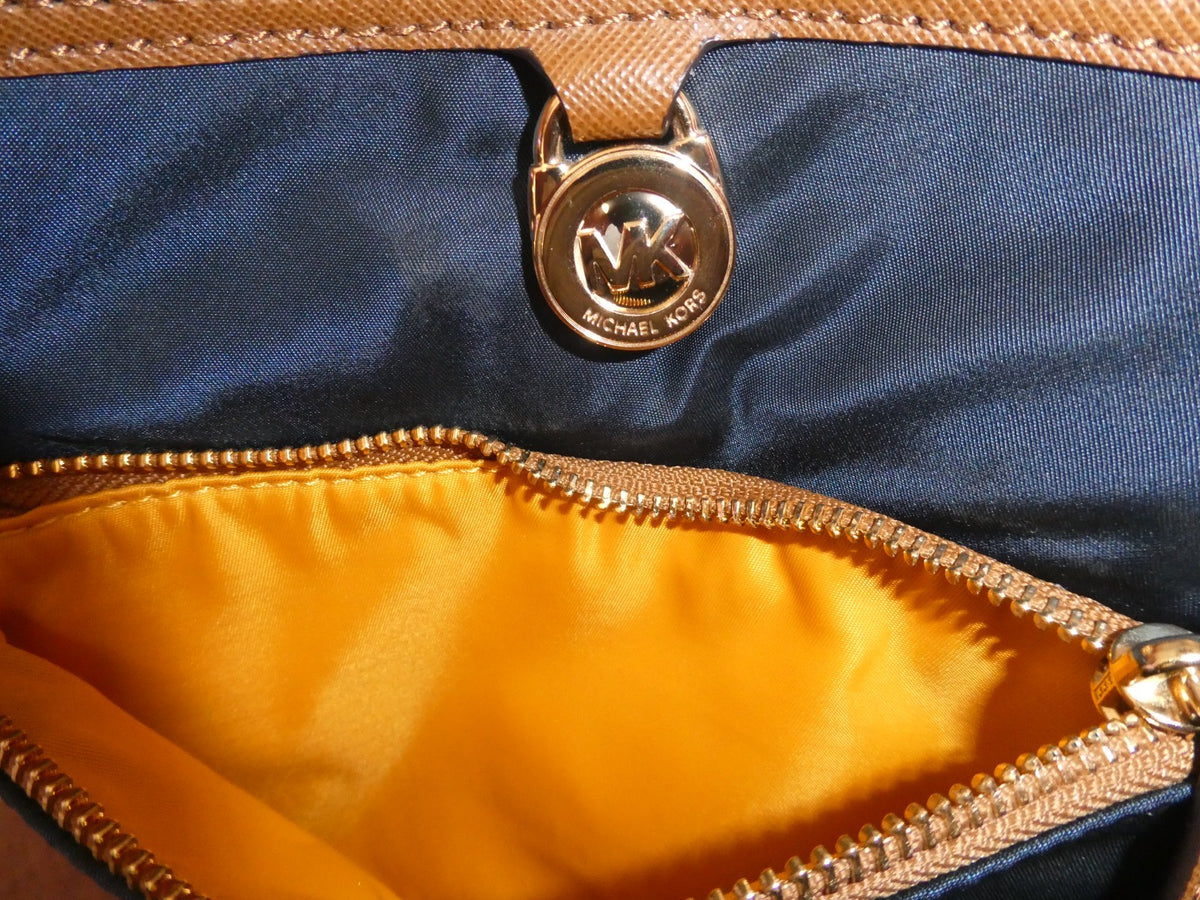 Michael Kors Navy Nylon Crossbody Bag Brown Trim 5 Pocket Gold Tone EUC