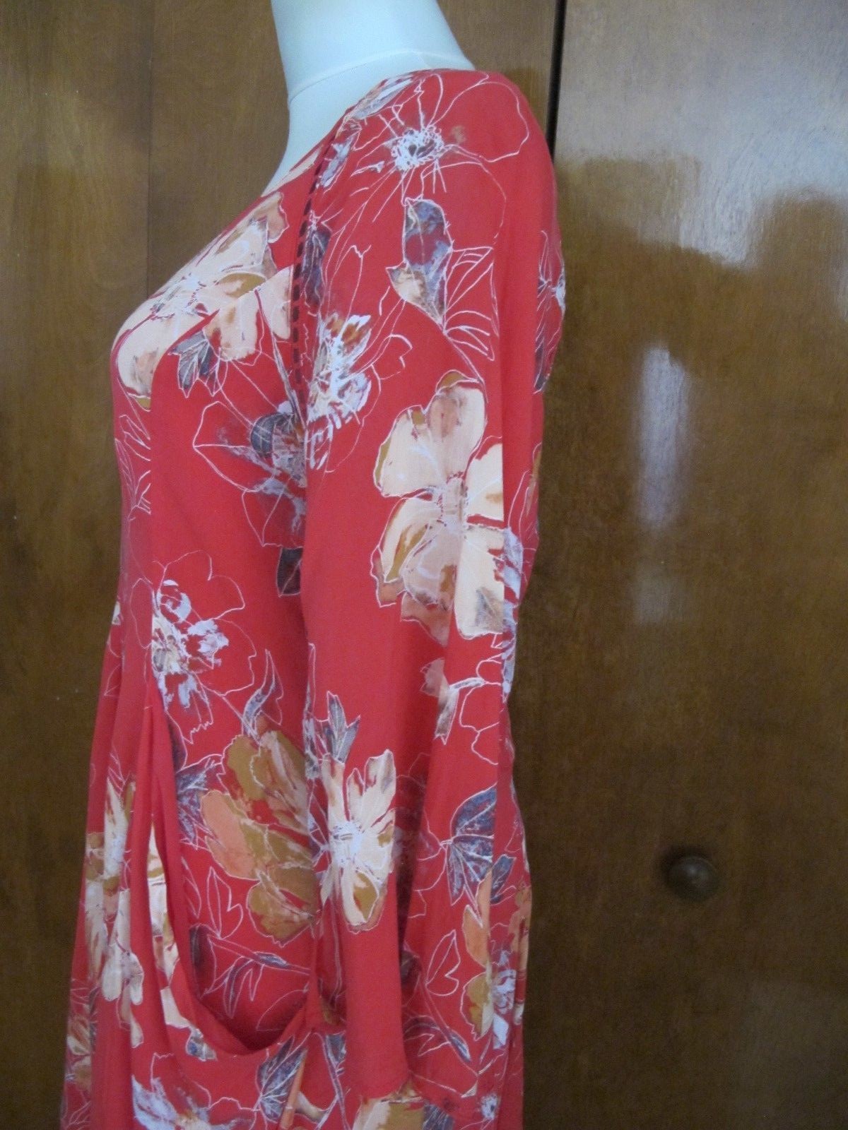 Free People women multi color relaxed fit short lined 3/4 Sleeve rayon dress 10 
