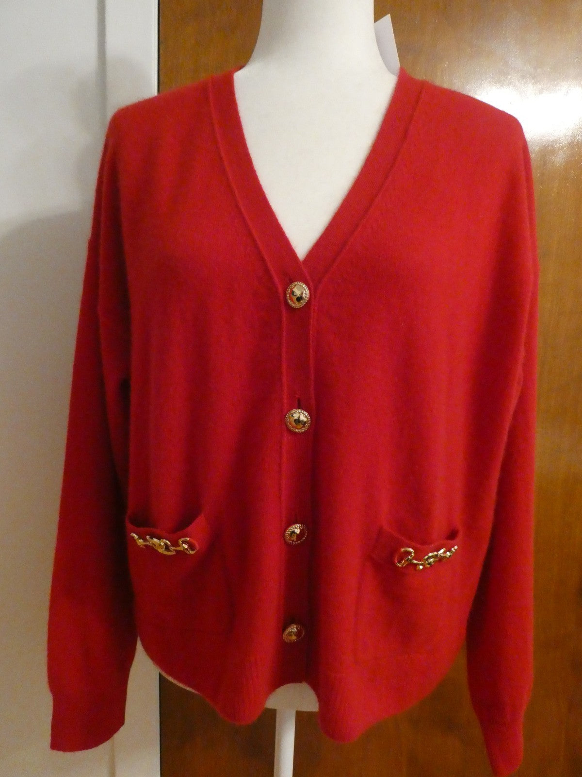 Bloomingdale's Scarlett Cardigan Large NWT 100% 2-Ply Cashmere Red Gold Trim