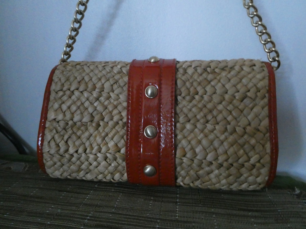 Michael Kors Woven Straw And Leather Chain Clutch Purse Walnut