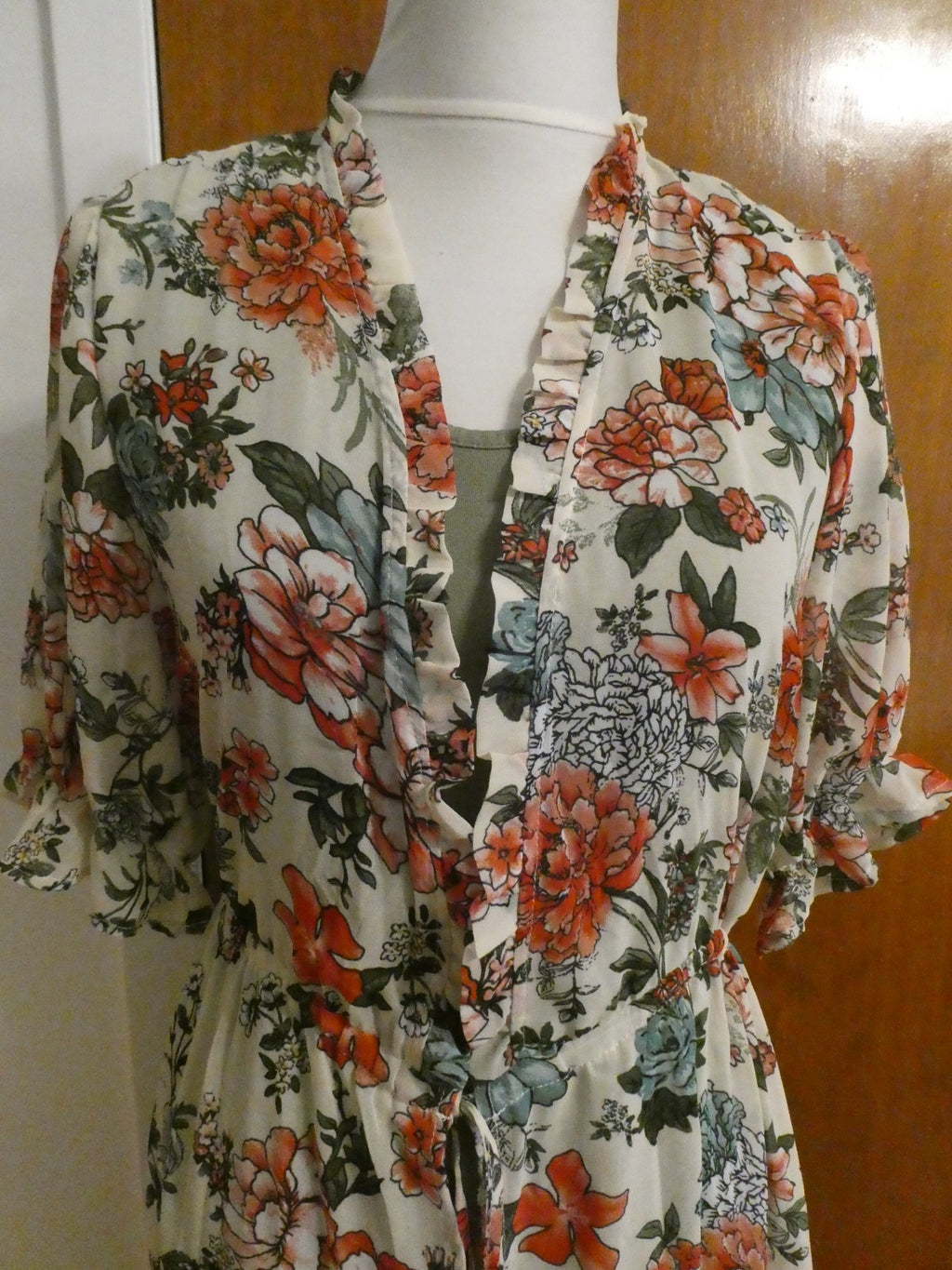 Liberty Love 2Pc Floral Chiffon Duster Dress Set Olive Green Asymmetrical Medium