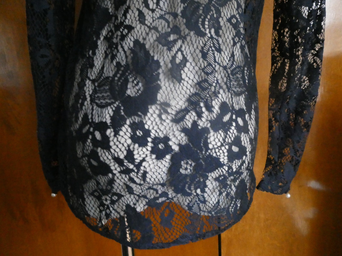 ZARA Collection women's navy fabric craft embroidered blouse size Small