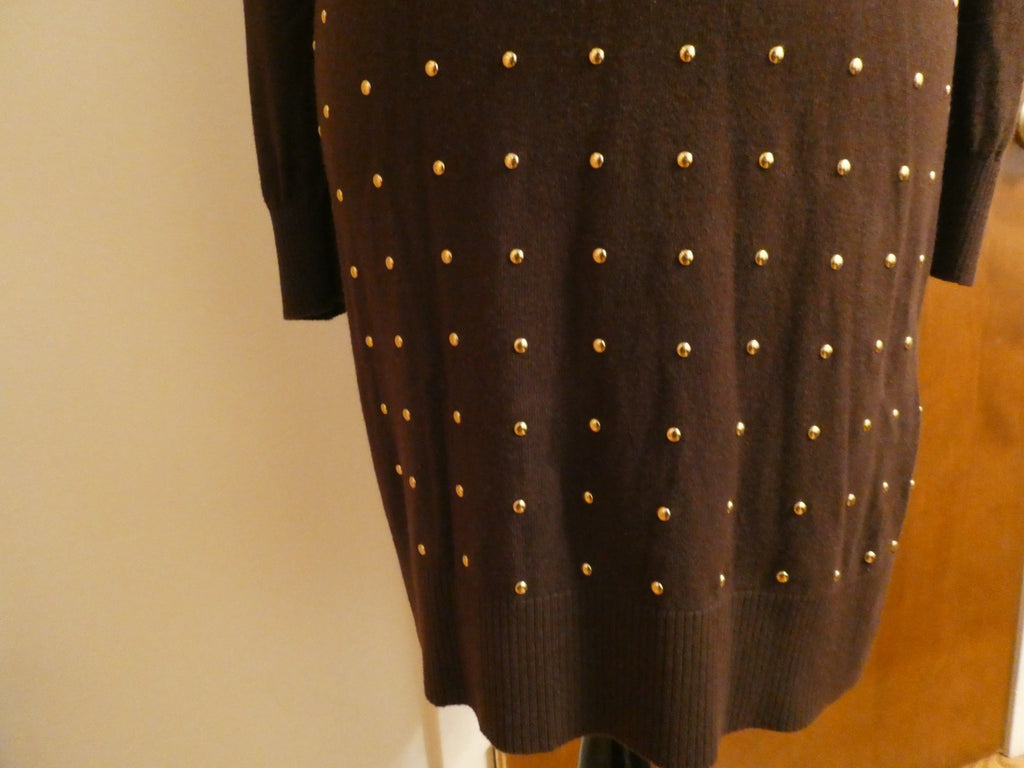 Michael Kors Studded Sweater Dress Size 2 Brown Gold Studded Long Sleeve Bodycon