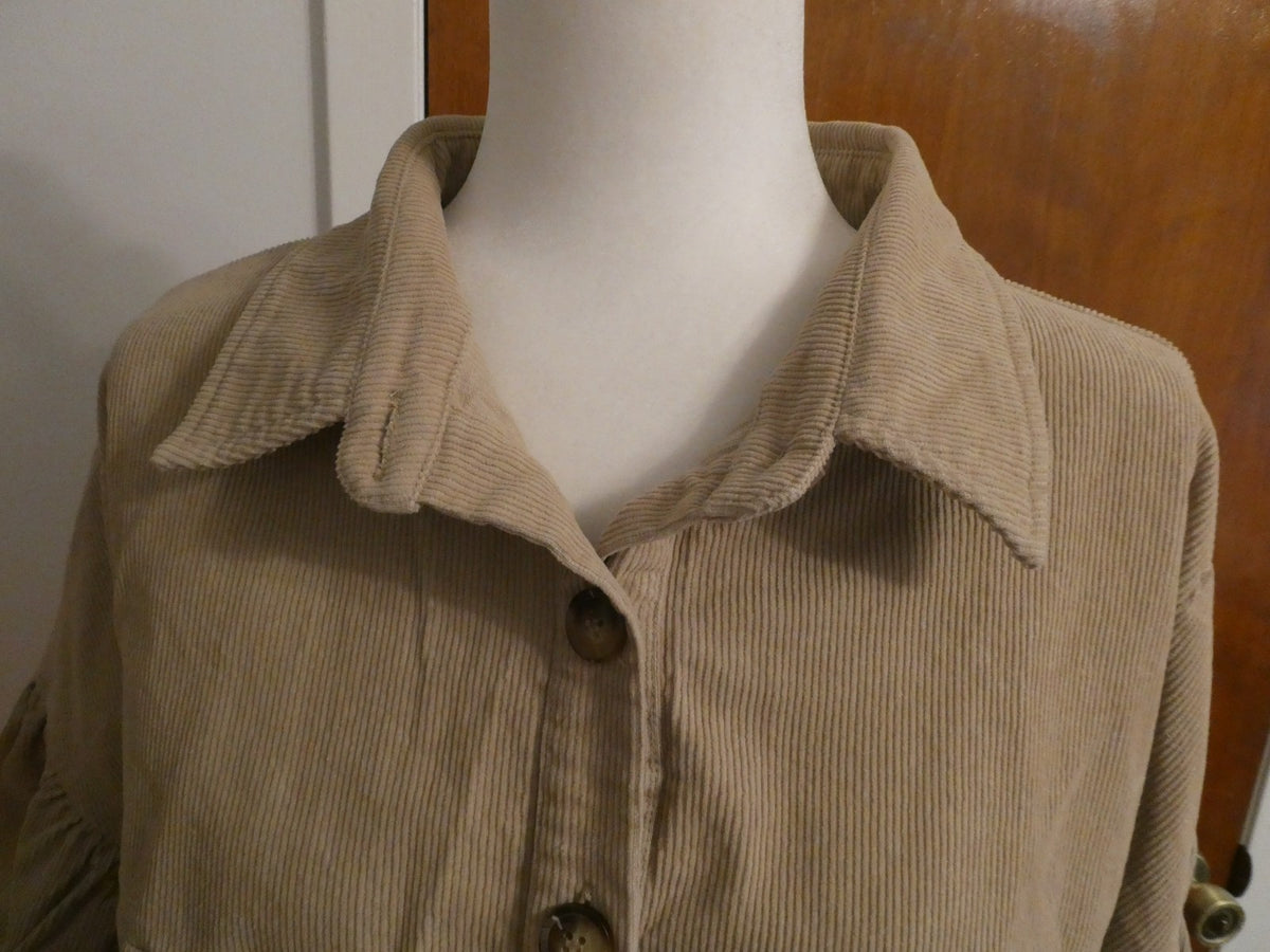 Chic Soul Tan Corduroy Shacket Jacket Plus Size 1X Balloon Sleeve Cotton Comfort