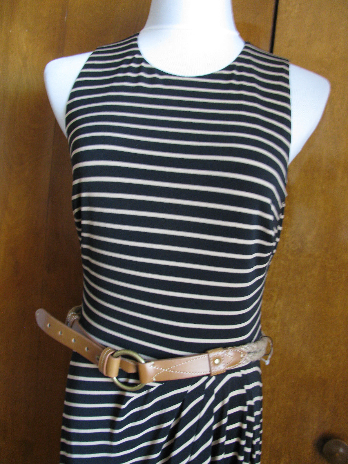 Ralph Lauren Women's Black Tan Striped Maxi Dress New