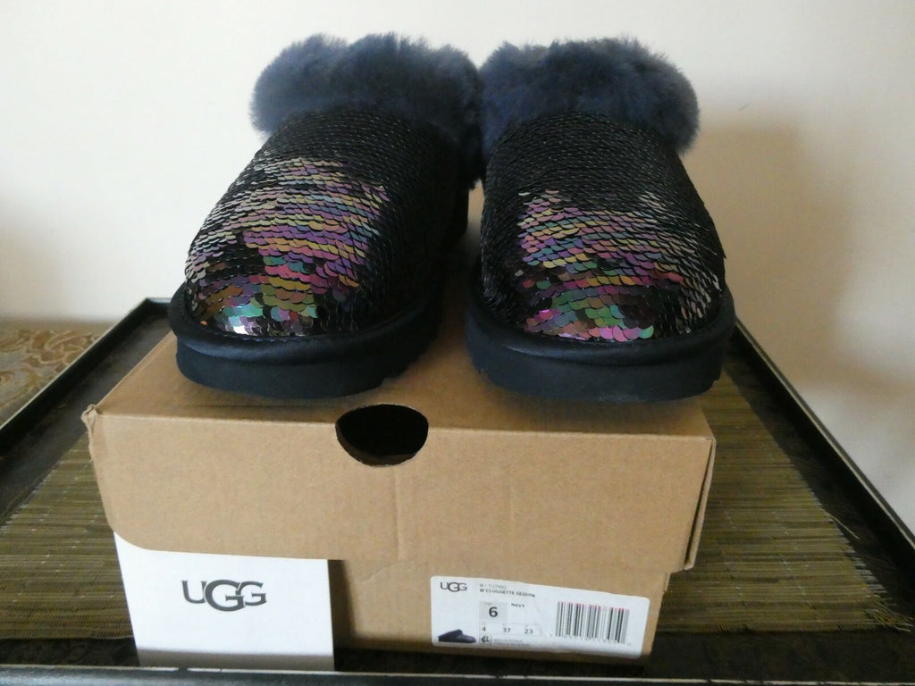 UGG Cluggette Sequins Sheepskin Flux Cozy Women Navy Slipper US 6 Style1127490