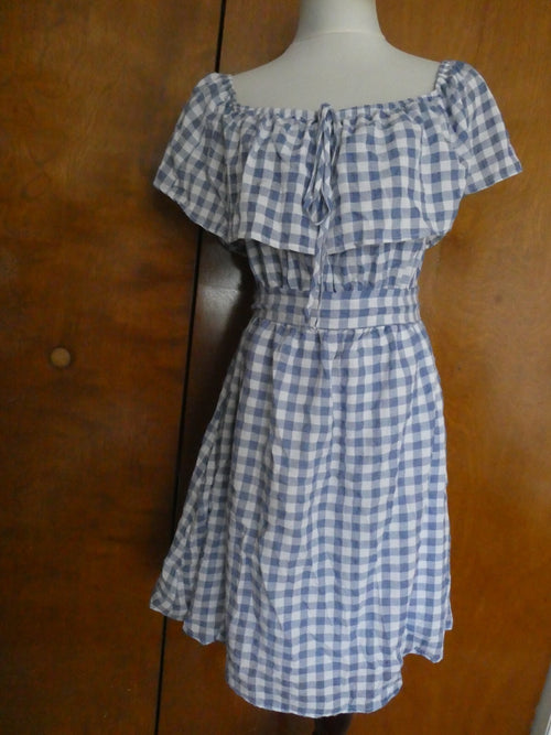 Anthropologie 11-1 Tylho Off-The-Shoulder Dress Plaid Gingham Blue/White Small