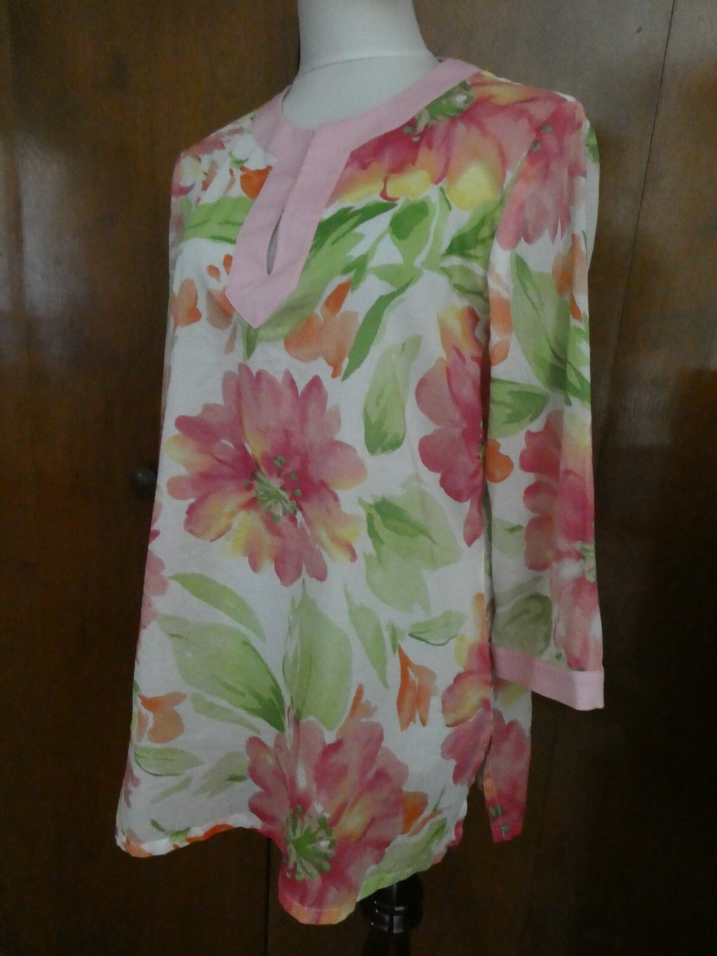 Jones New York Signature Women's Tunic Style Pink/Green Soft Cotton Top Large