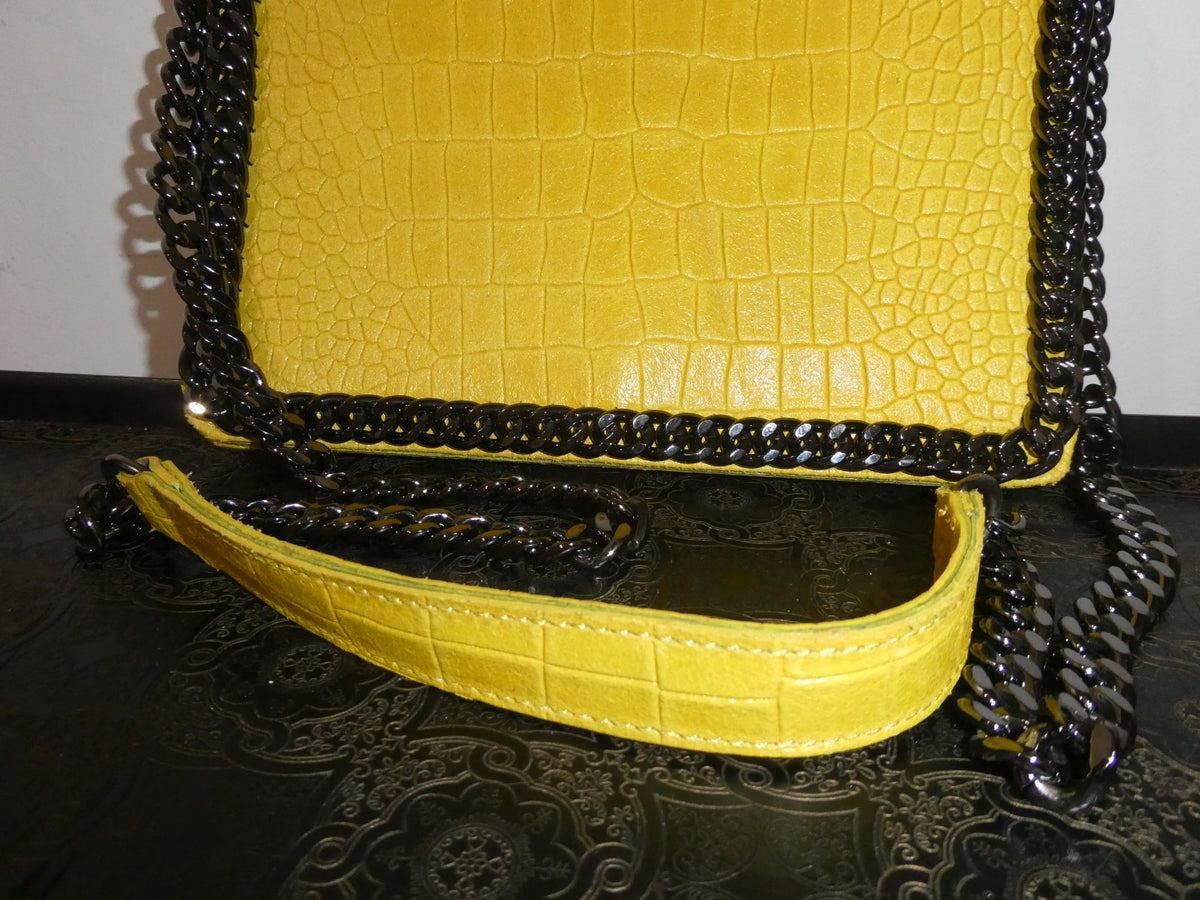Italian Genuine Leather Chain Shoulder Crossbody Bag 9x7x 2 Mustard Yellow Italy