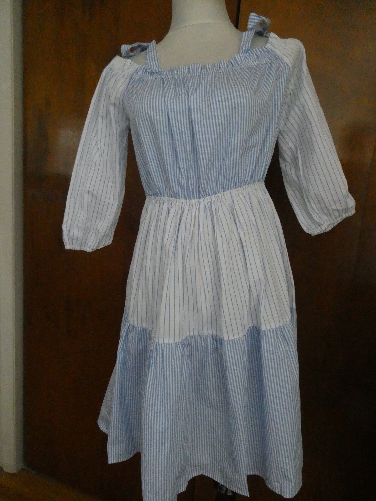 Anthropologie Line + Dot Open Shoulder Blue Striped Dress Size M, L