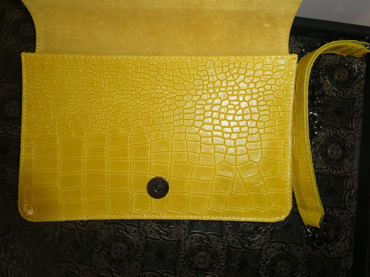 Italian Genuine Leather Chain Shoulder Crossbody Bag 9x7x 2 Mustard Yellow Italy