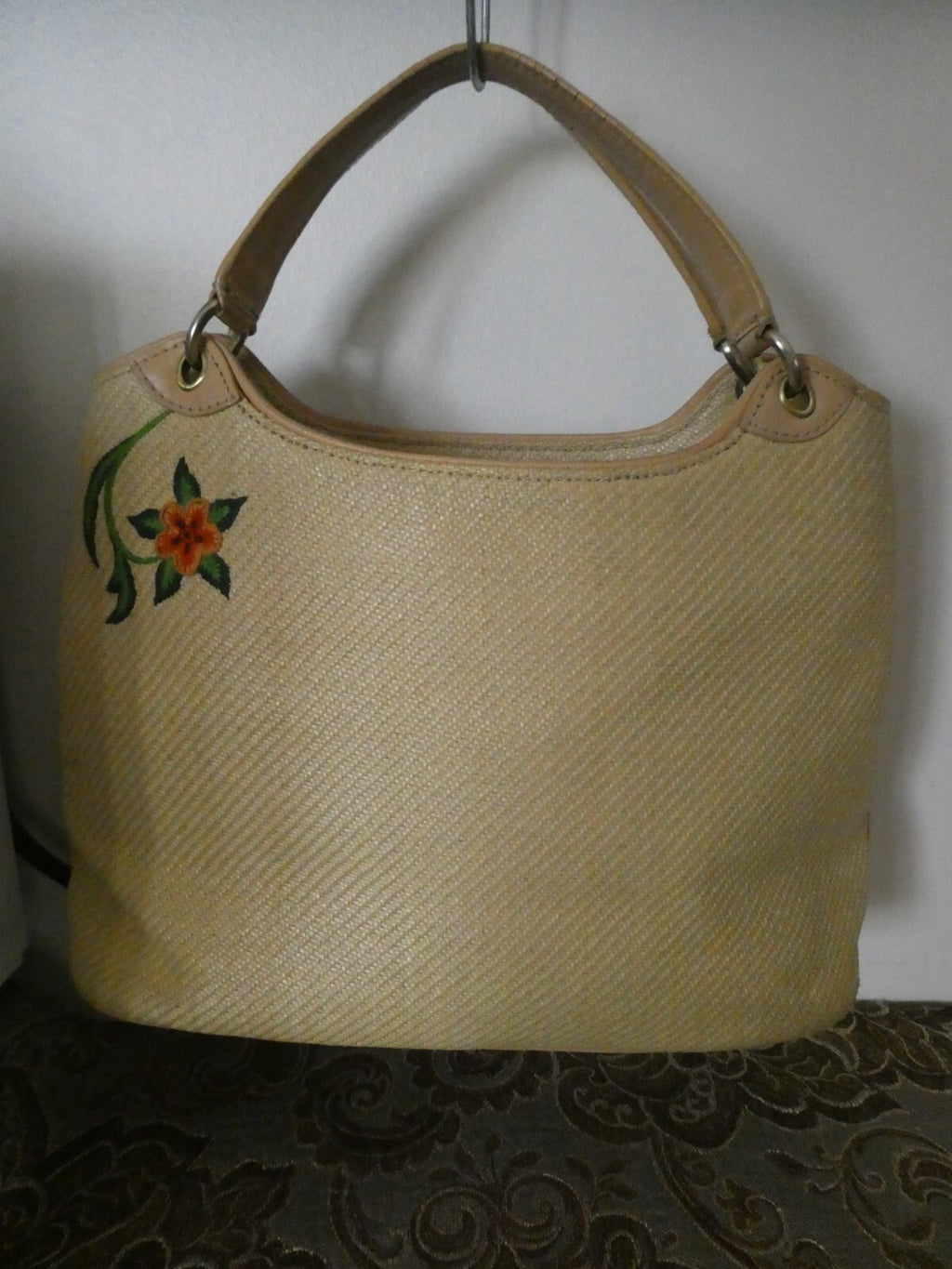 Cole Haan Embroidered Woven Straw Purse / Handbag with Gold Tone