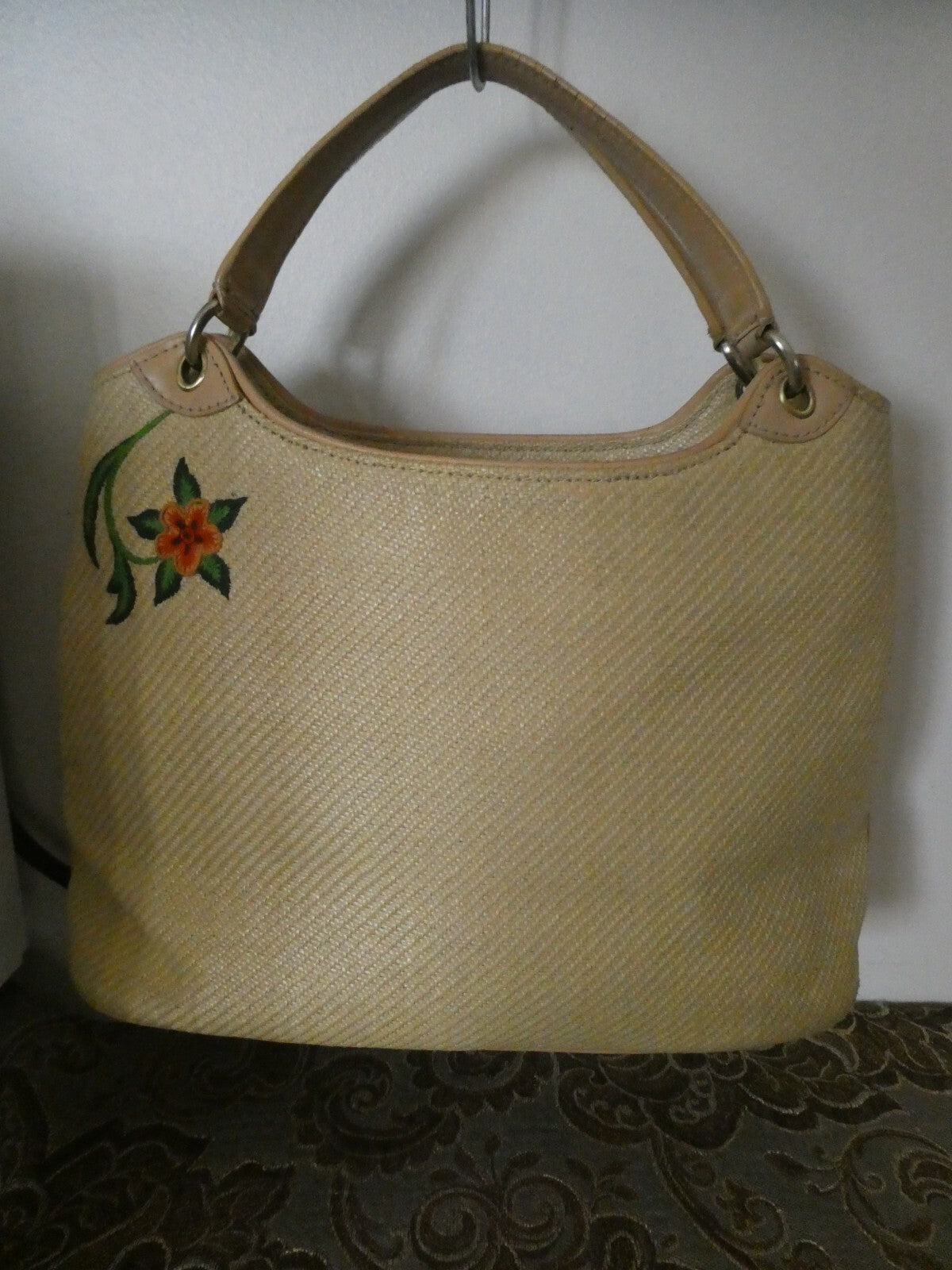 Cole Haan Embroidered Woven Straw Purse / Handbag with Gold Tone