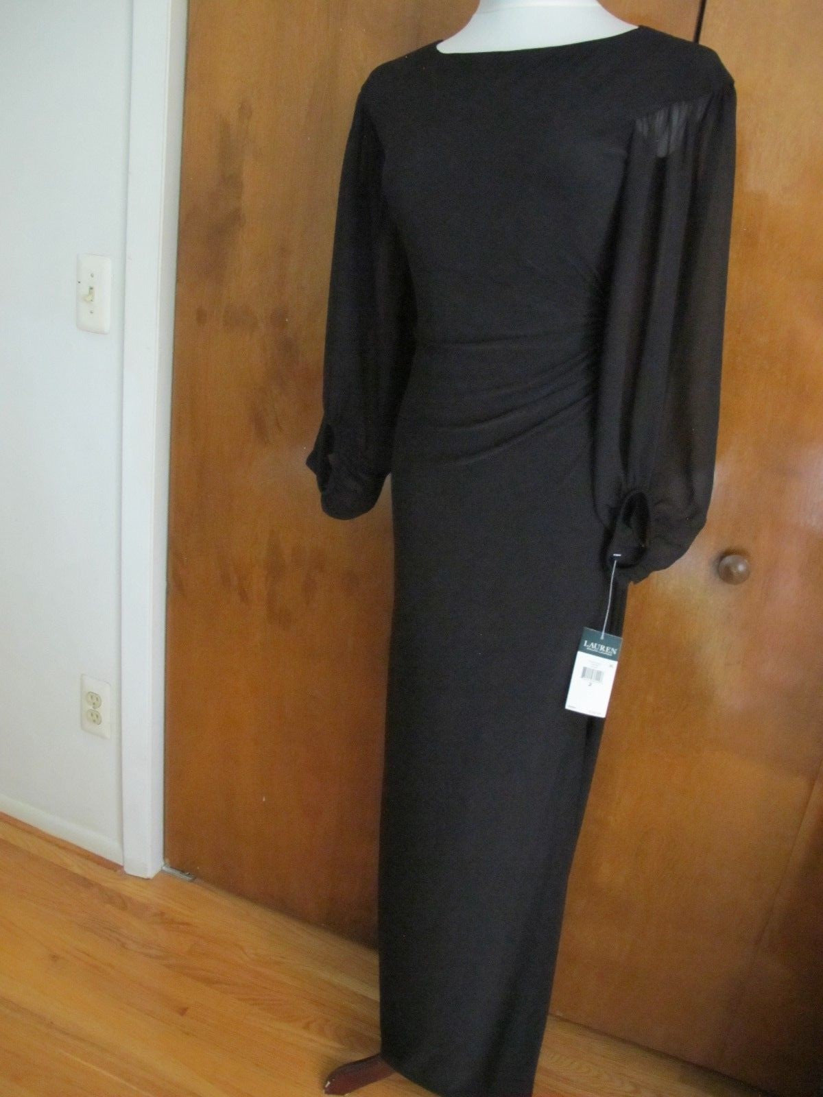 Ralph Lauren wome'n black evening maxi dress with mesh long sleeves size 2 
