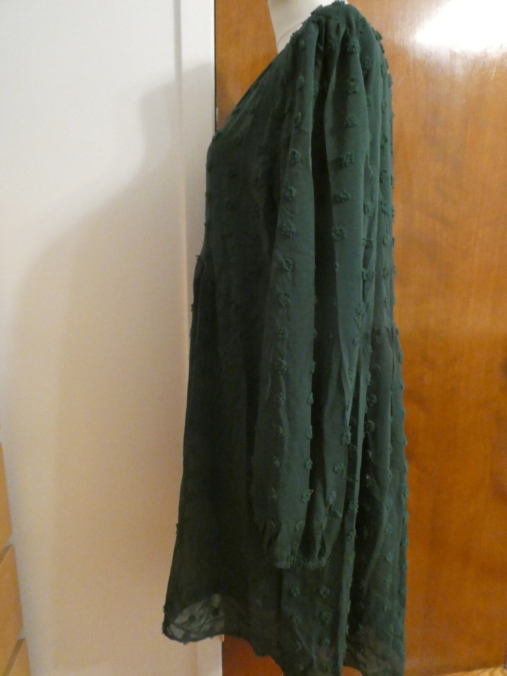 KIRUNDO Women’s Green long Sleeves Mini V Neck Flowy Swiss DOT Babydoll Dress XL