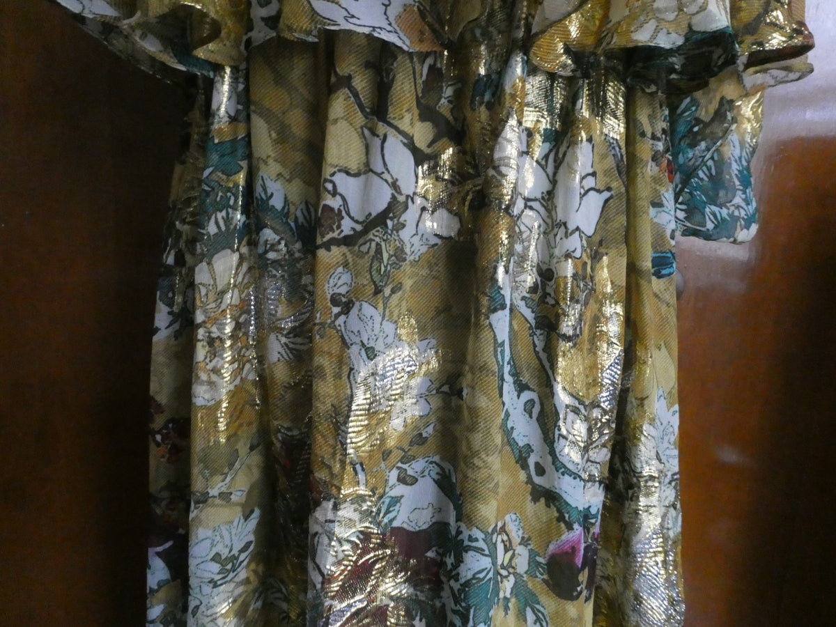 Anthropologie Hemant & Nandita Silk One Shoulder Dress Gold Floral Large $298