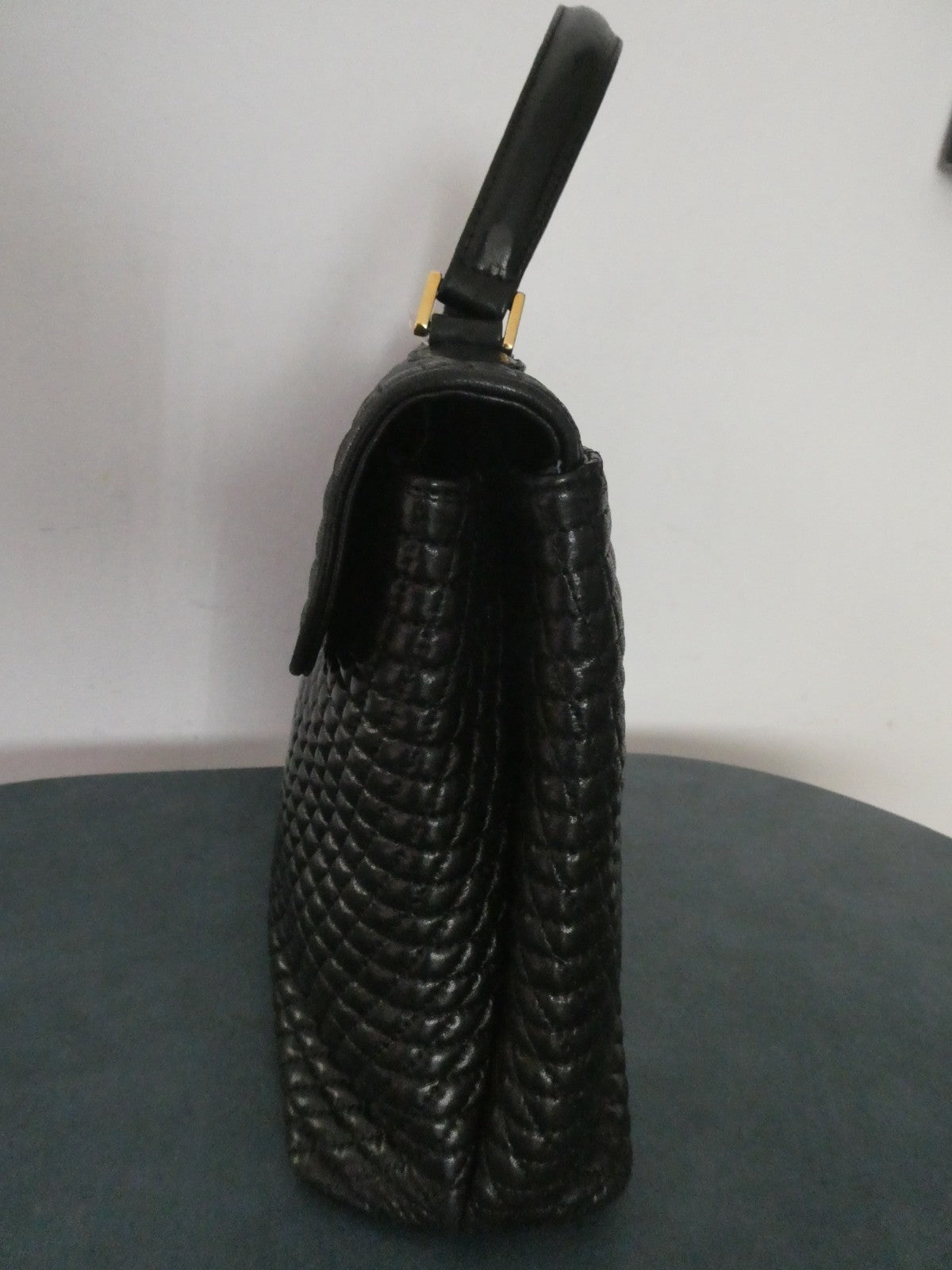 Vintage Bally Women's Black Quilted Leather Top Handle Handbag Gold Tone Italy