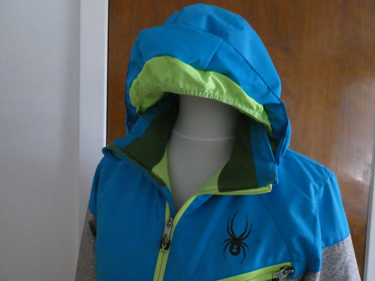 Spyder Kids Sz 16 Ski Jacket Blue Gray Green Hooded 3M Thinsulate Insulated Coat