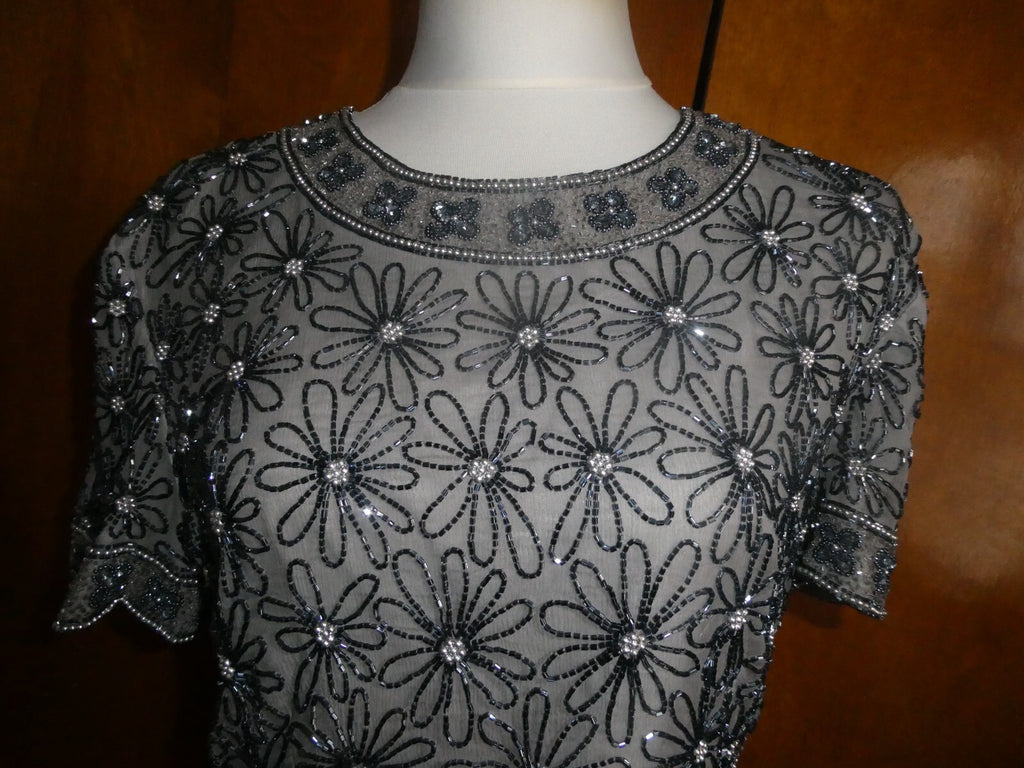 Papell Boutique Women Gray Evening 100% Silk Beaded Party Top Sz XL (fits M/ L)