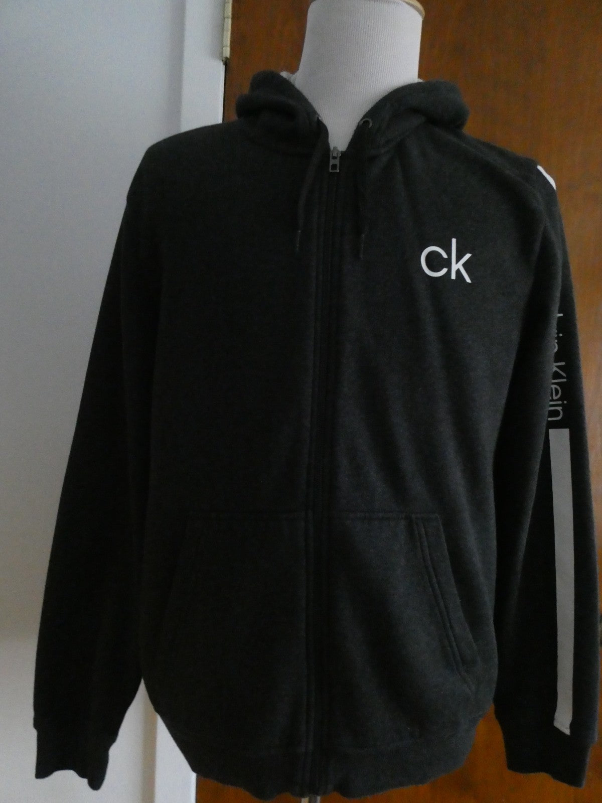 Calvin Klein Full Zip Hoodie Men's Jacket Charcoal Black Cotton Blend Logo L