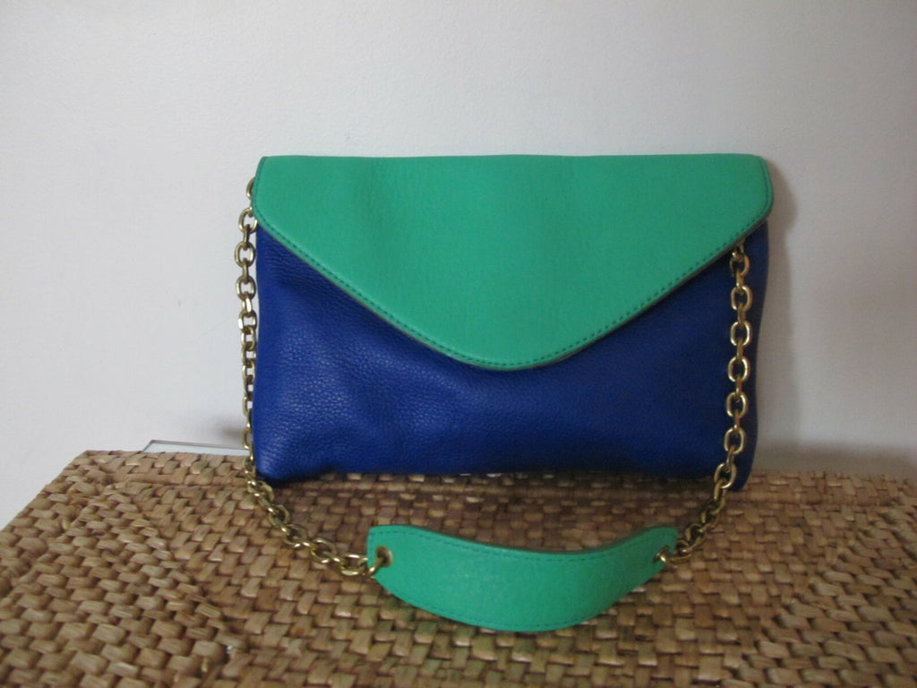 J CREW Women's Blue Green Pebbled Leather Shoulder Tote Bag Clutch Purse