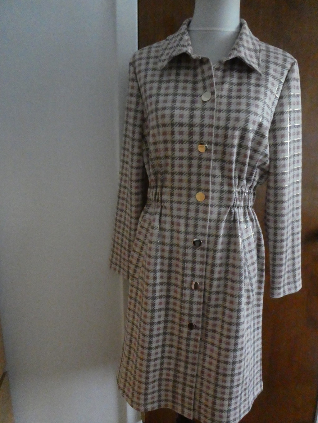 Aliceblue Women’s Plaid Long Jacket Coat Gray Pink Gold Snap Stretch Size Small