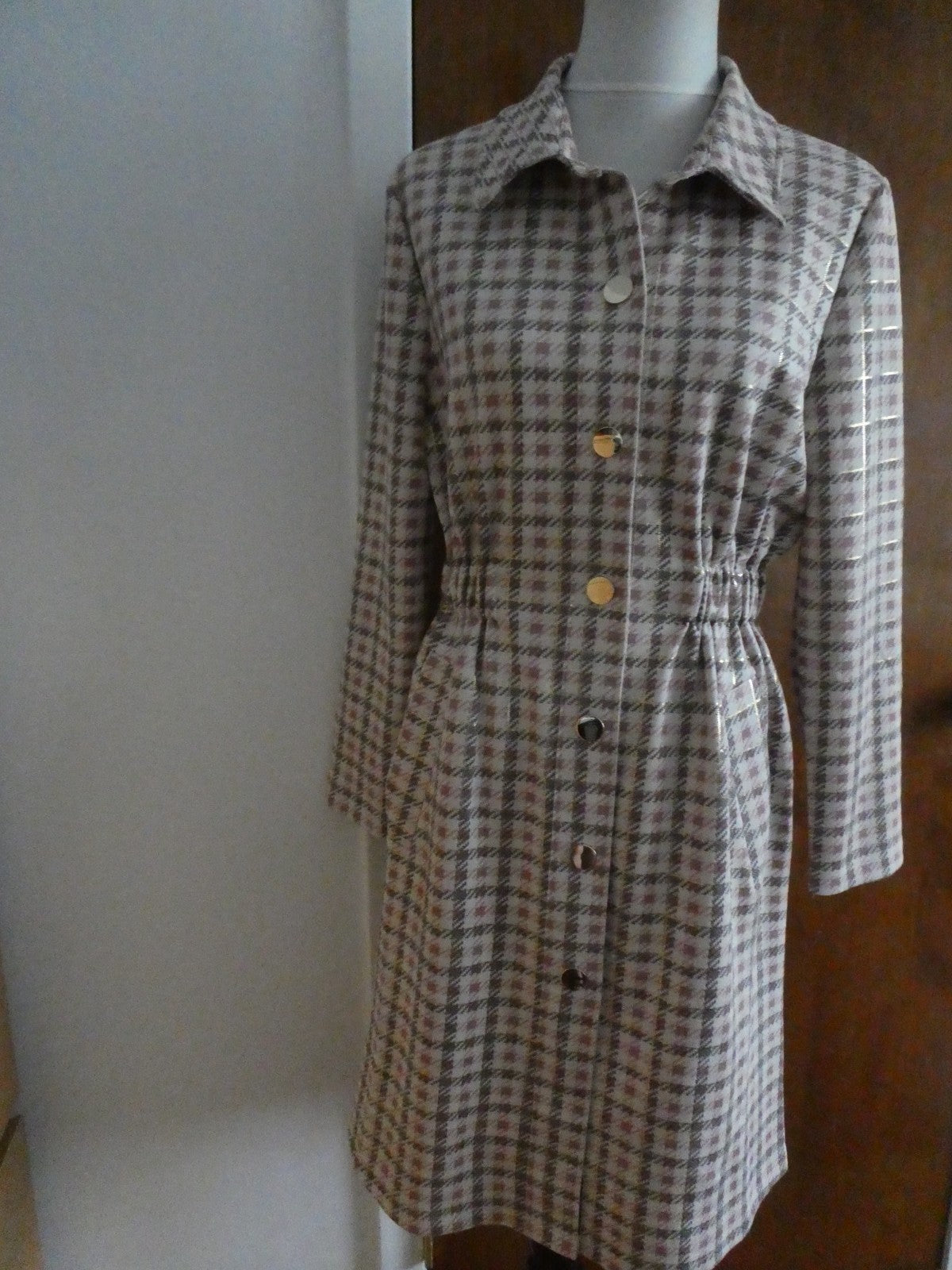 Aliceblue Women’s Plaid Long Jacket Coat Gray Pink Gold Snap Stretch Size Small