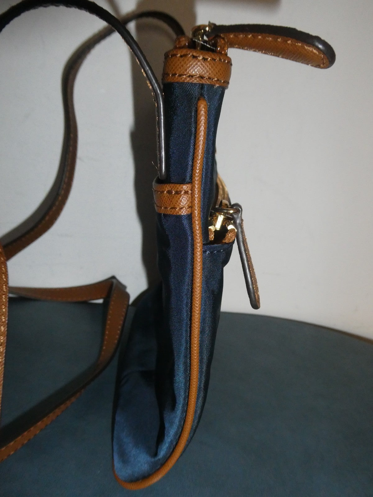 Michael Kors Navy Nylon Crossbody Bag Brown Trim 5 Pocket Gold Tone EUC