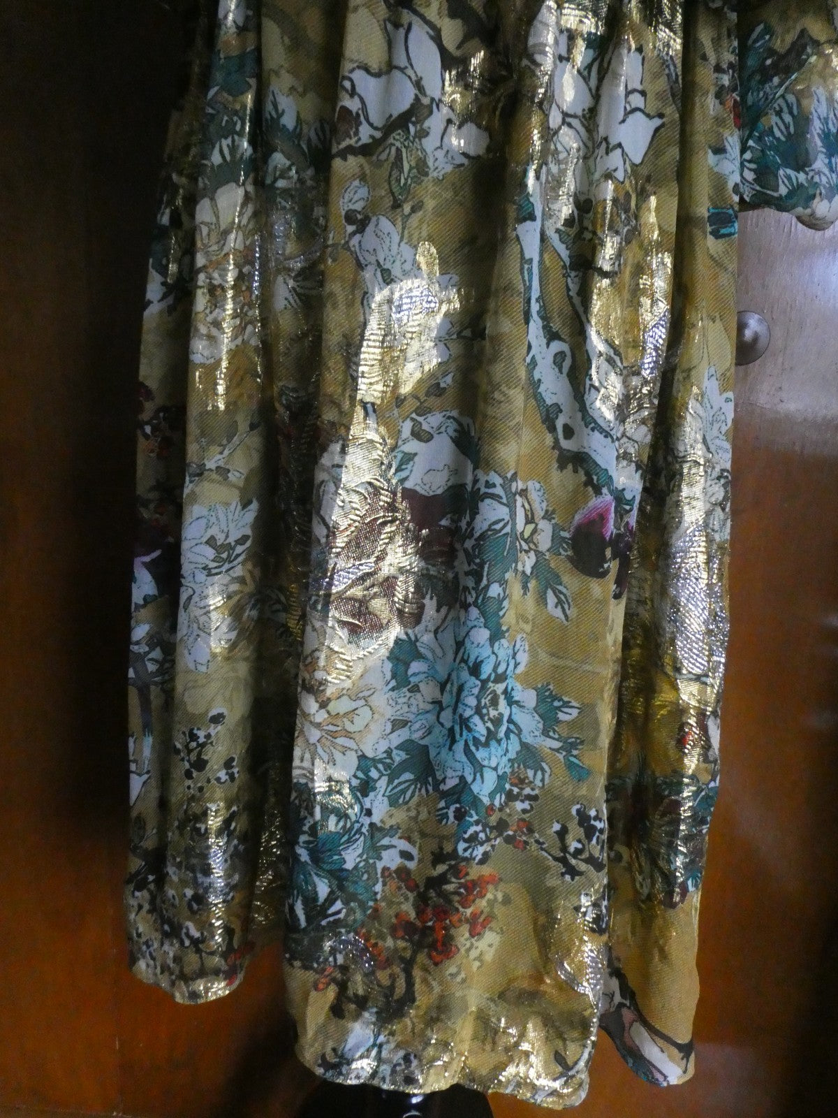 Anthropologie Hemant & Nandita Silk One Shoulder Dress Gold Floral Large $298