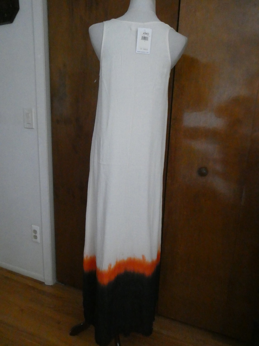 AIKO women’s beige maxi full lined dress hem orange/black bamboo/cotton Large