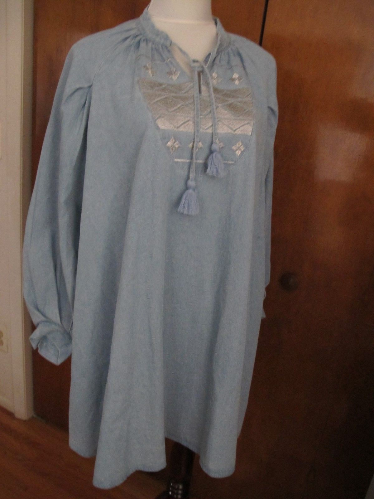 Anthropologie Knitted&Knotted Women Chambray Dress Embroidered Cotton Loose Fit