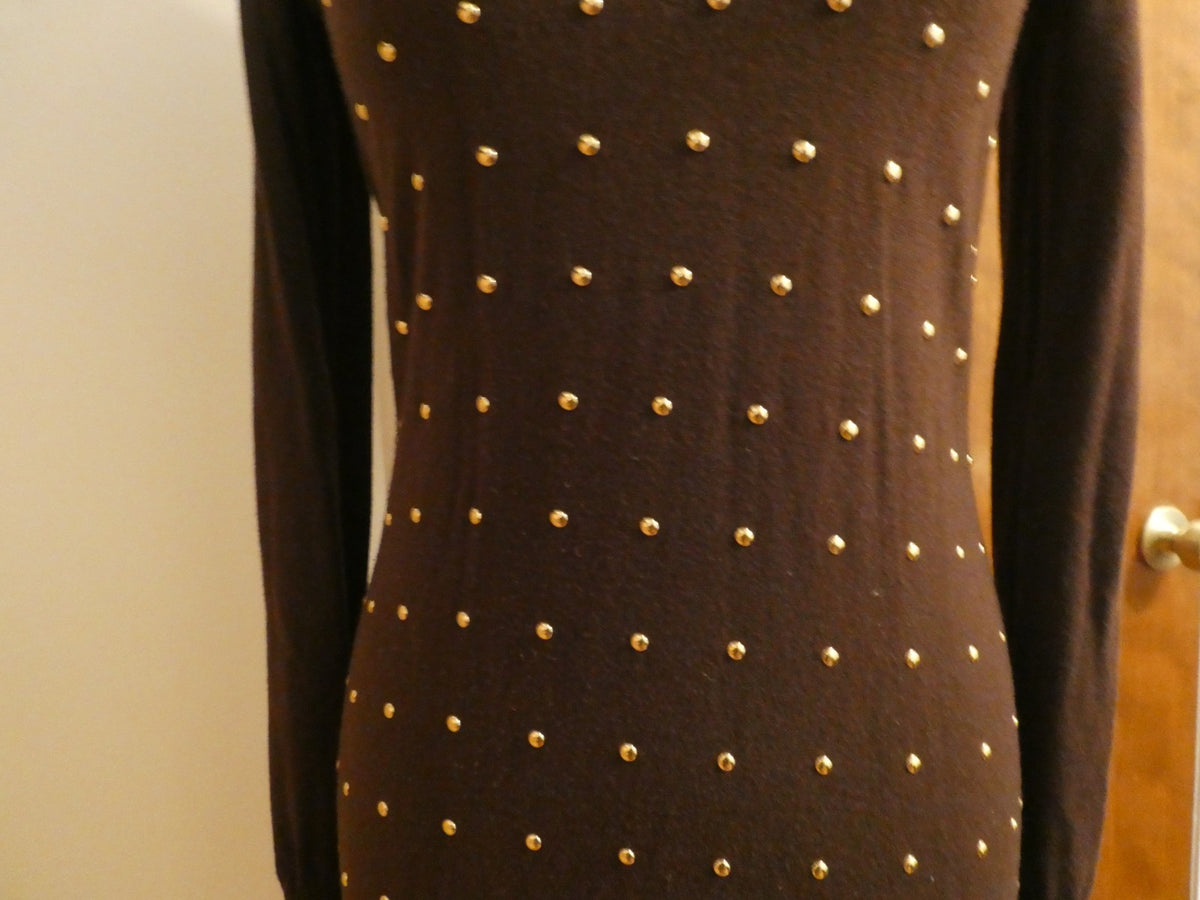 Michael Kors Studded Sweater Dress Size 2 Brown Gold Studded Long Sleeve Bodycon