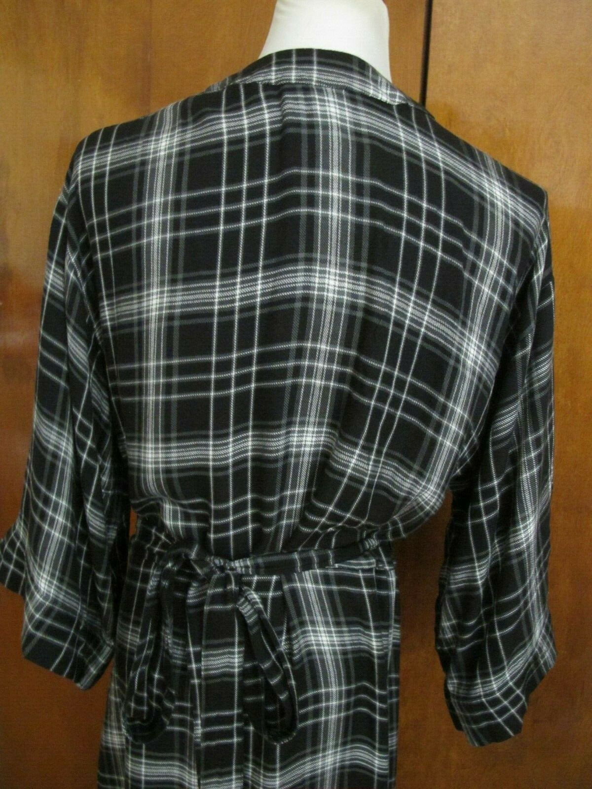 Gap Women's Black Plaid 3/4 Sleeves Tie-Waist Midi Wrap Dress Tall Large 