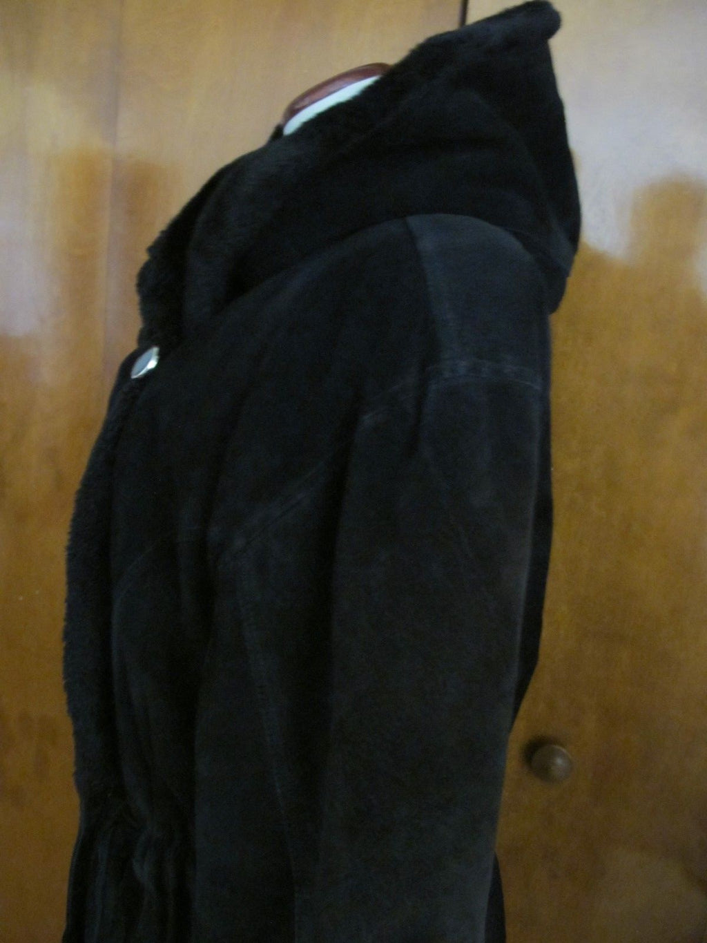 Women's Otello Pelle Black Hooded Cuir Leather Winter Coat Medium