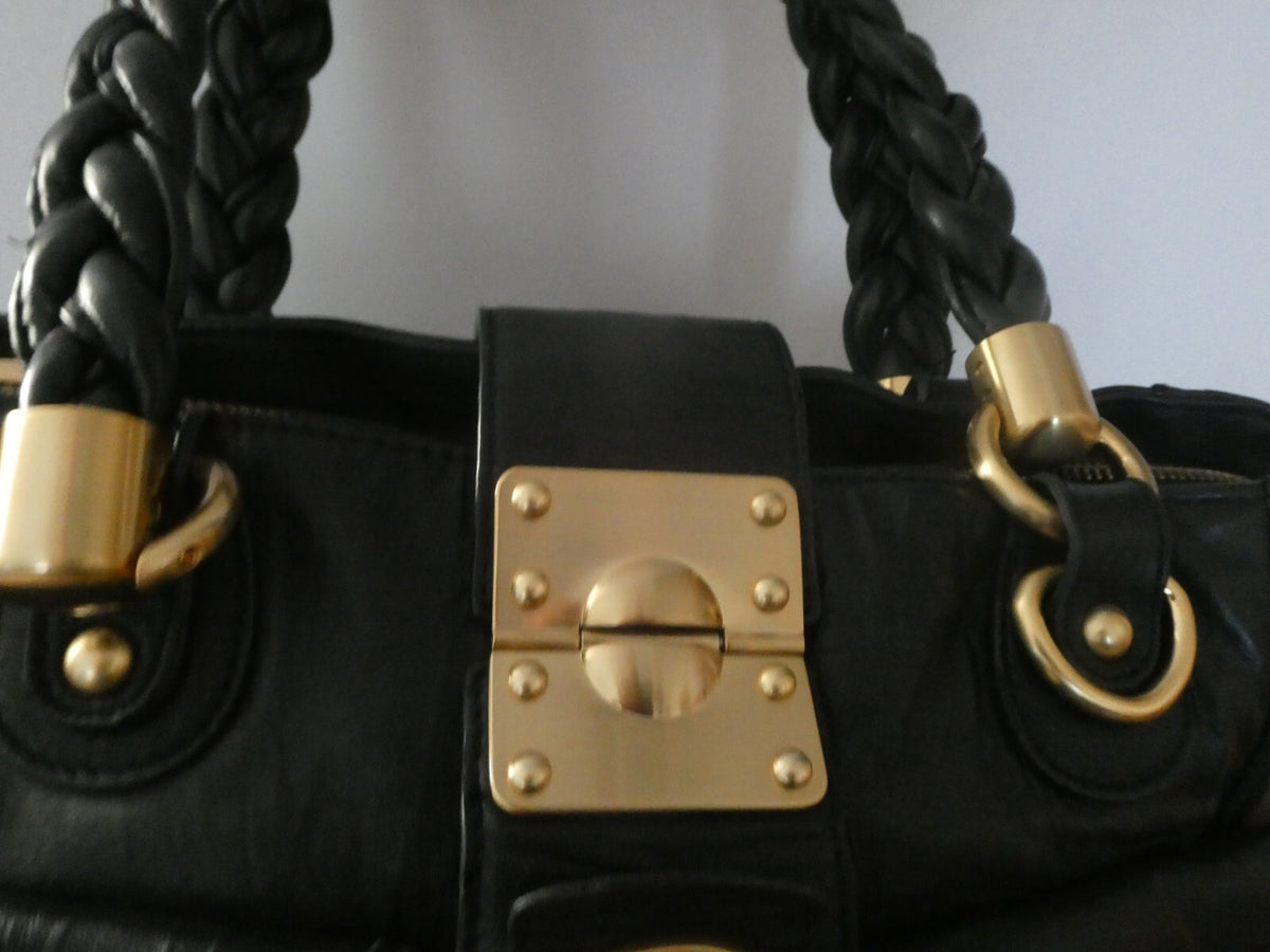 Steven by Steve Madden Women’s Black Genuine Leather Shoulder Bag Gold Turn Lock