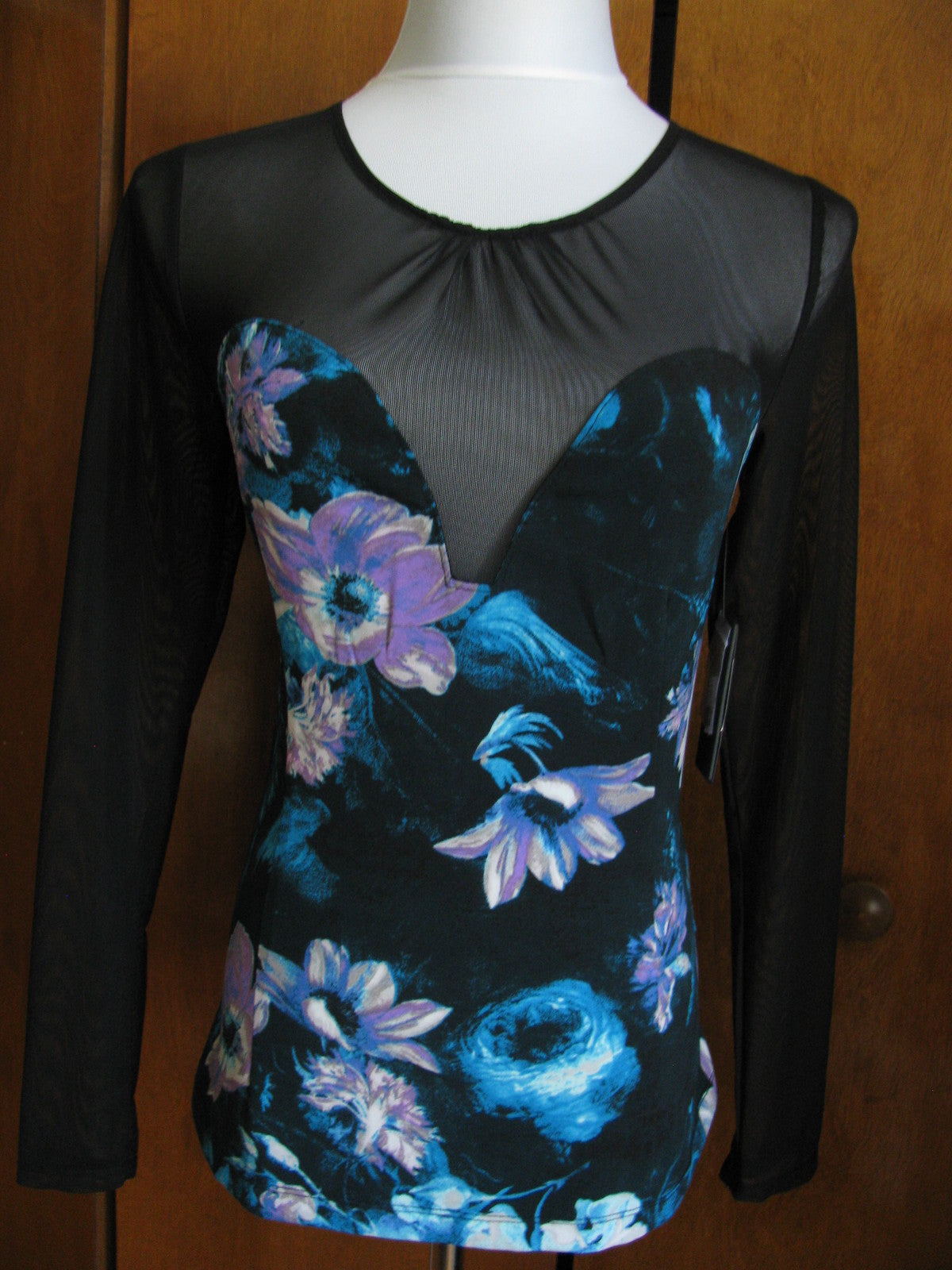 Guess women's black long sleeve mesh evening sweetheart top sz medium NWT